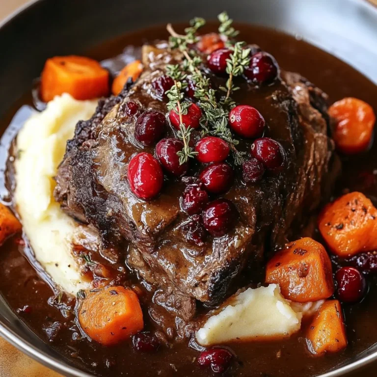 Slow-braised beef roast with cranberry balsamic glaze on a serving platter.