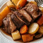 Delicious slow-cooker pot roast served with vegetables in a bowl.