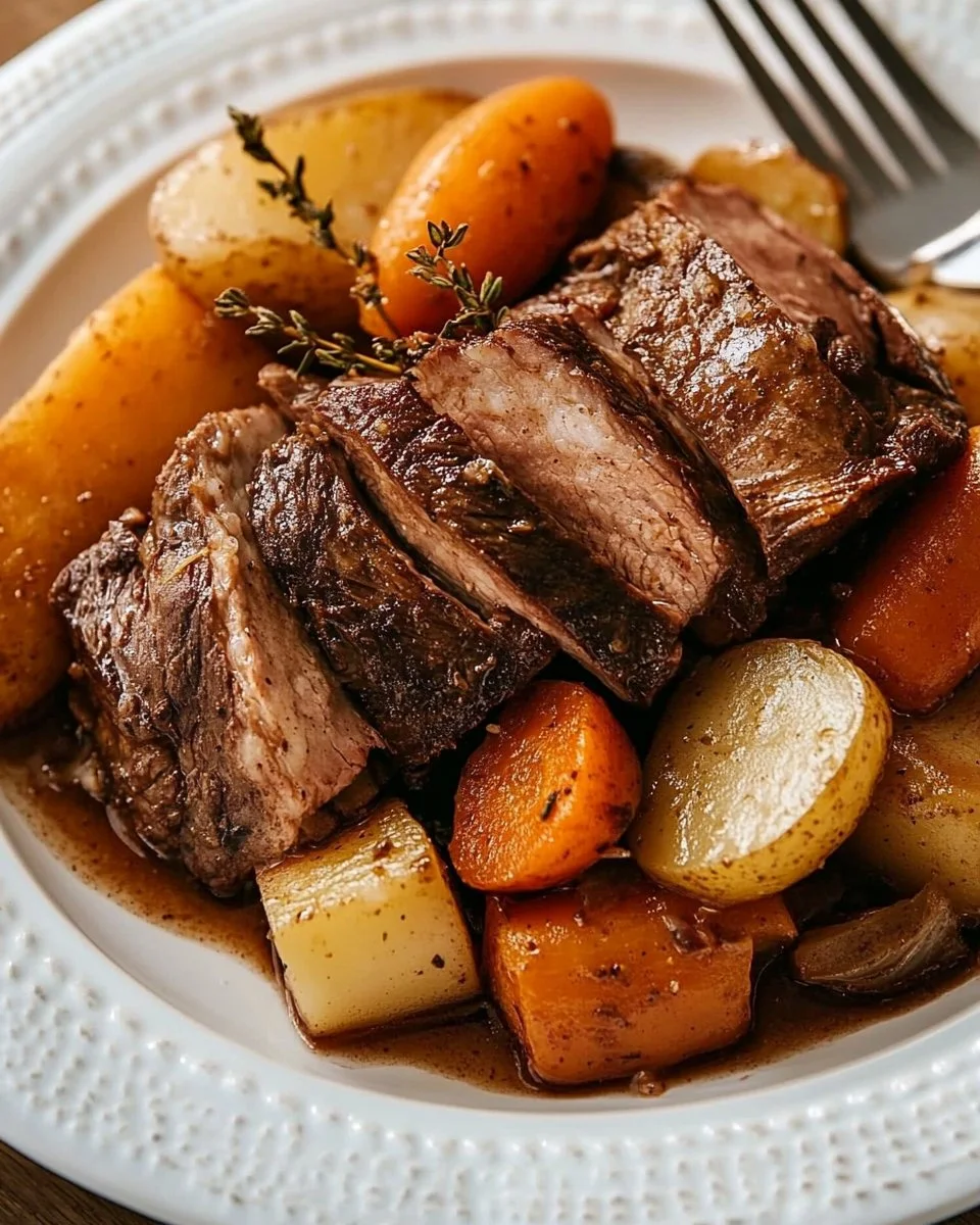 Delicious slow-cooker pot roast served with vegetables in a bowl.
