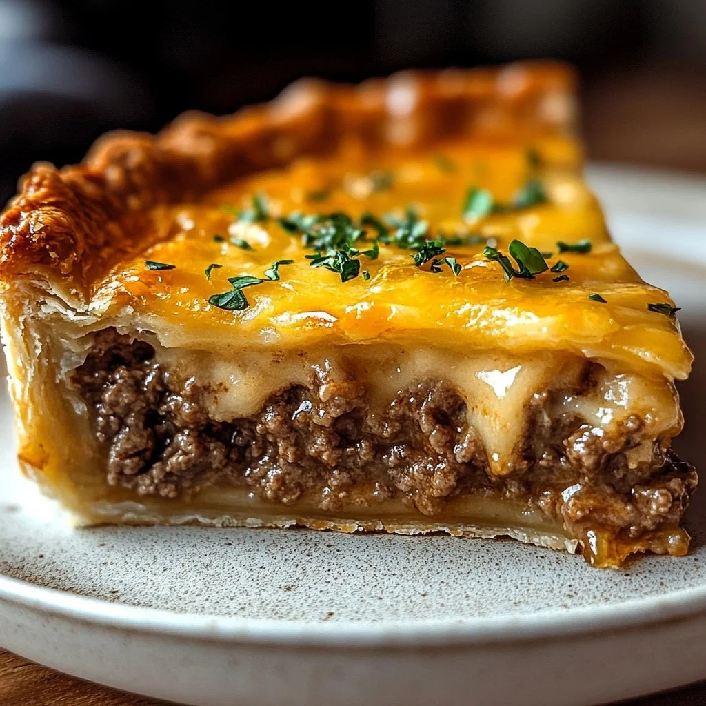 Southern Style Cheeseburger Pie served on a plate with toppings
