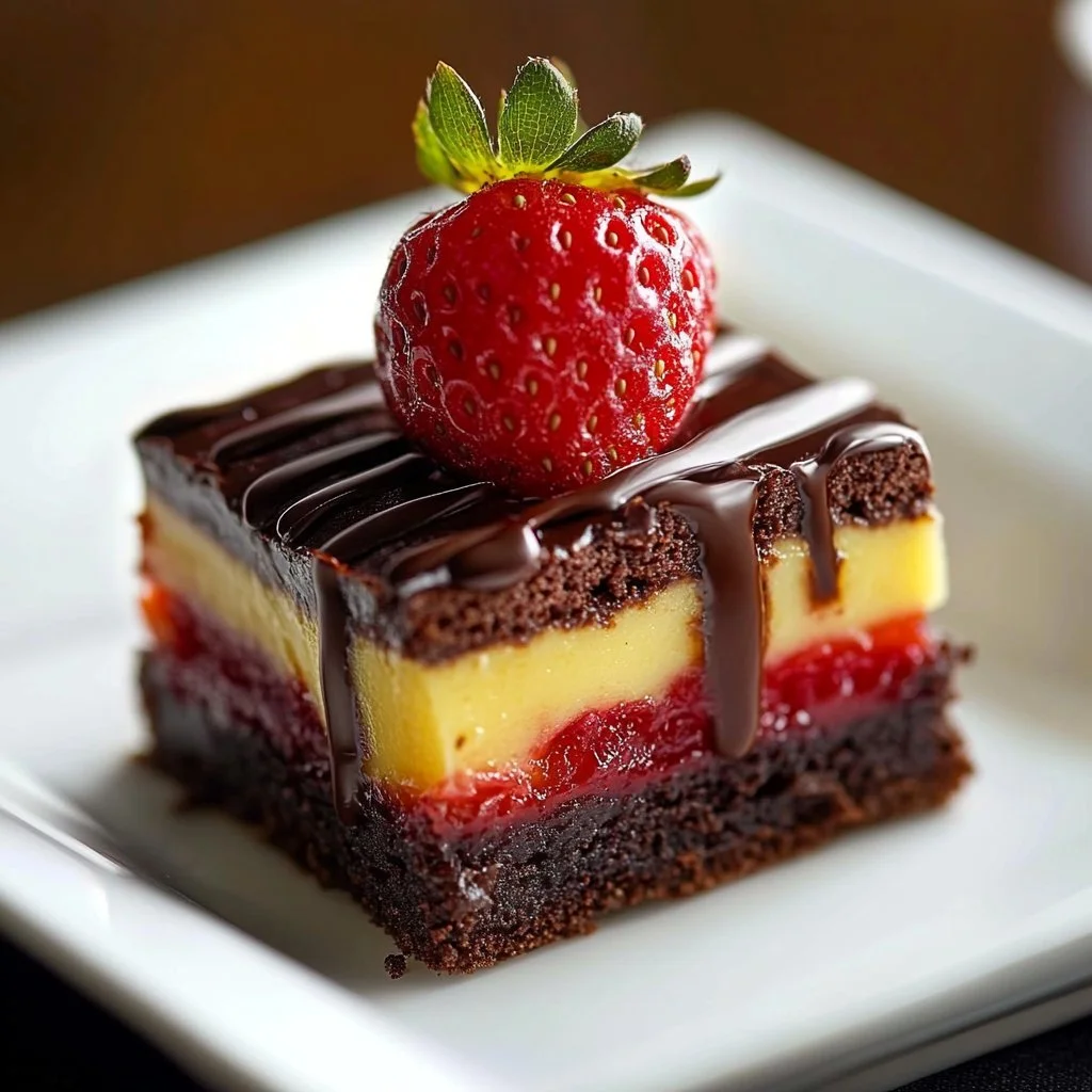 Delicious strawberry cheesecake brownies topped with fresh strawberries