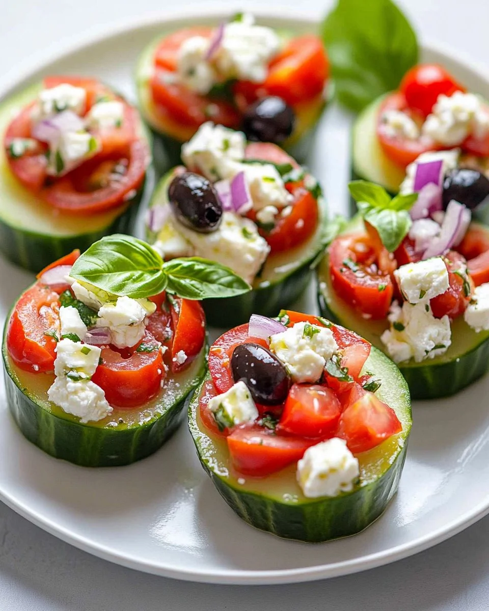 Delicious stuffed cucumber bites with colorful filling served on a platter