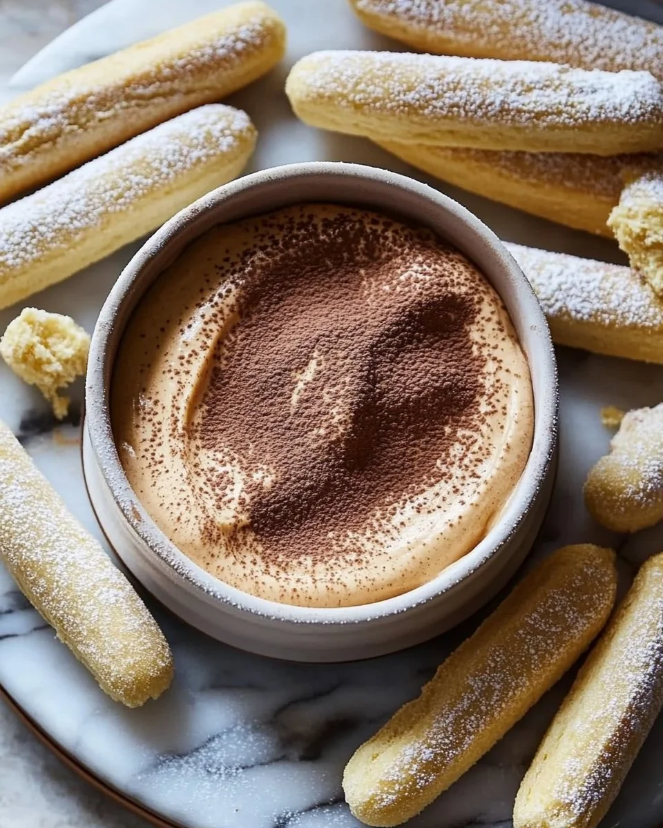 Delicious tiramisu dip served in a bowl with coffee beans on top.