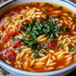 Bowl of delicious Tomato Orzo Soup with fresh herbs and pasta