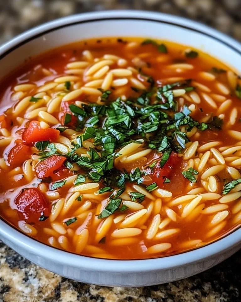 Bowl of delicious Tomato Orzo Soup with fresh herbs and pasta