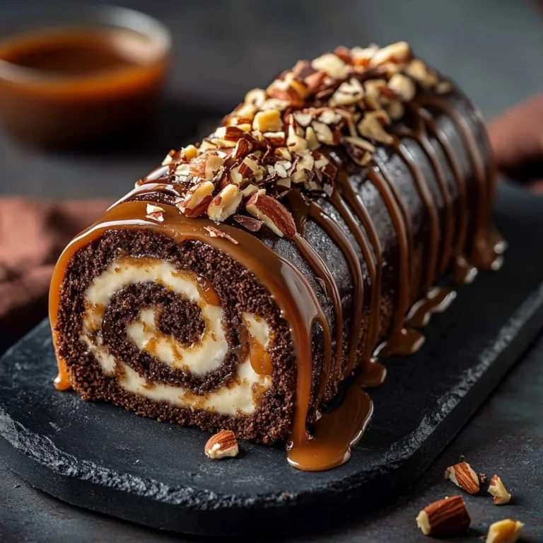 Turtle Caramel Chocolate Cake Roll dessert with layers of chocolate and caramel