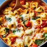 Tuscan Tortellini Skillet Bake served in a skillet with fresh herbs and cheese