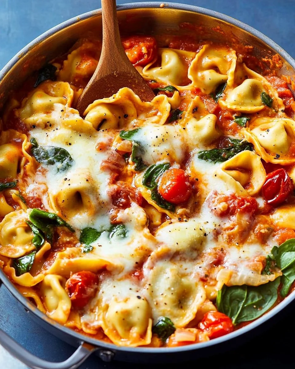 Tuscan Tortellini Skillet Bake served in a skillet with fresh herbs and cheese