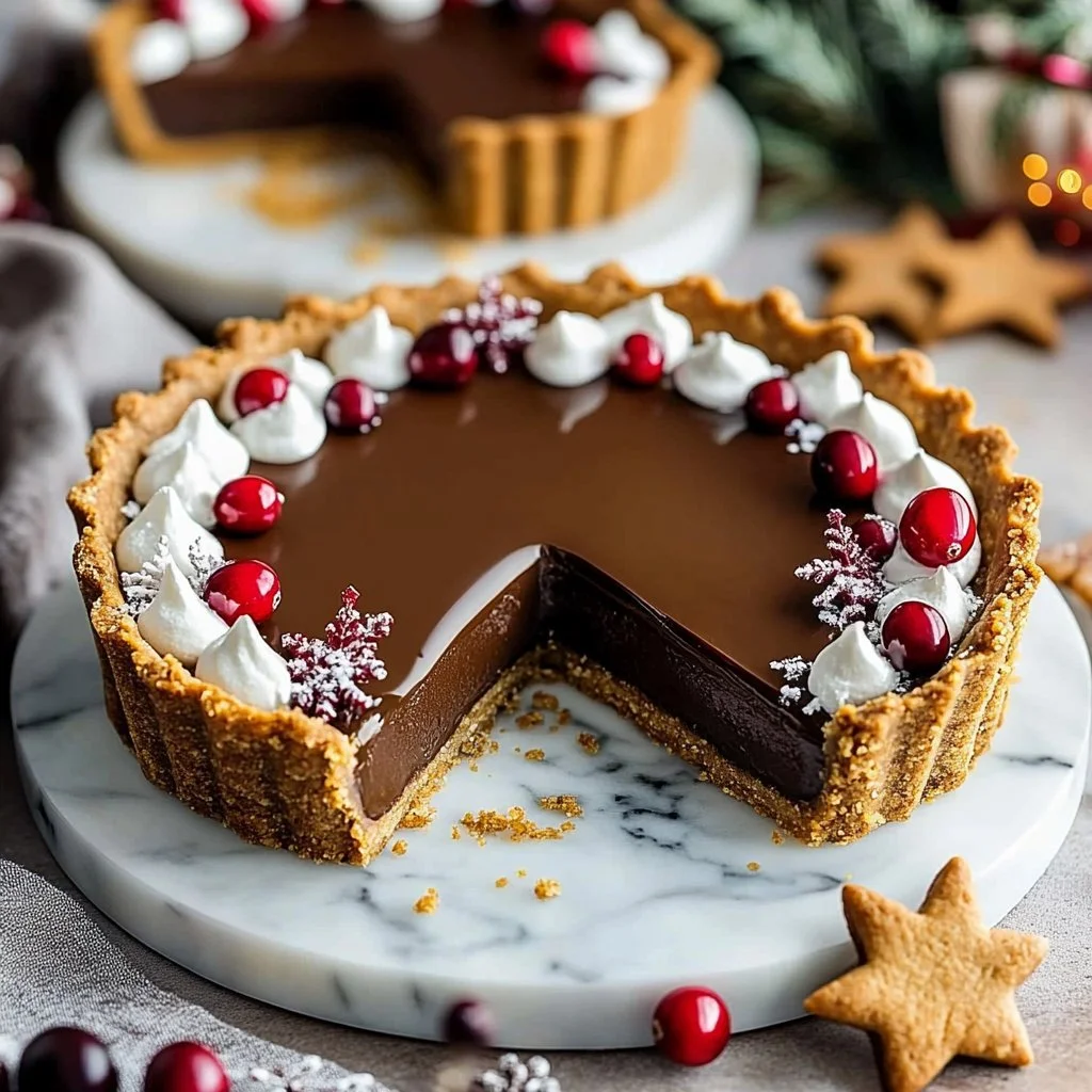 Vegan Gingerbread Chocolate Tart decorated for a festive holiday dessert.