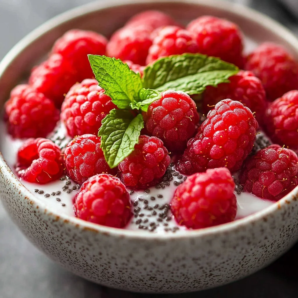 Vegan raspberry chia pudding in a bowl topped with fresh raspberries
