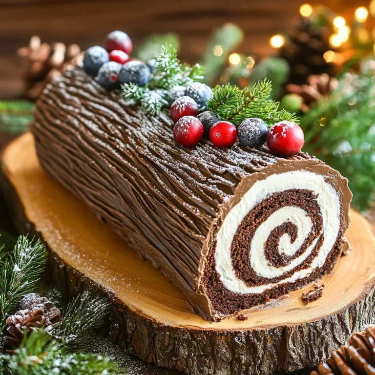 Delicious homemade Yule Log Cake decorated for Christmas.