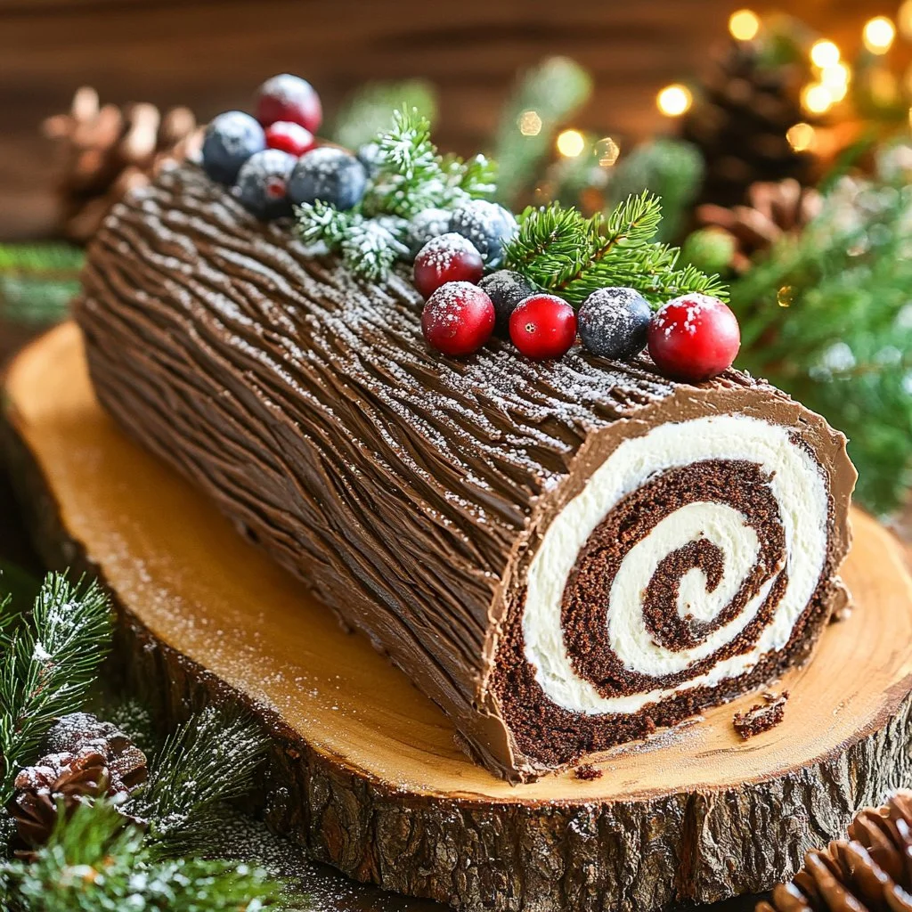 Delicious homemade Yule Log Cake decorated for Christmas.