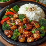 Delicious Blackstone Hibachi Chicken Dinner served with vegetables and rice.