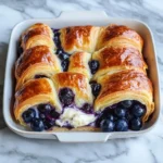 Blueberry cream cheese croissant casserole baked golden brown with blueberries