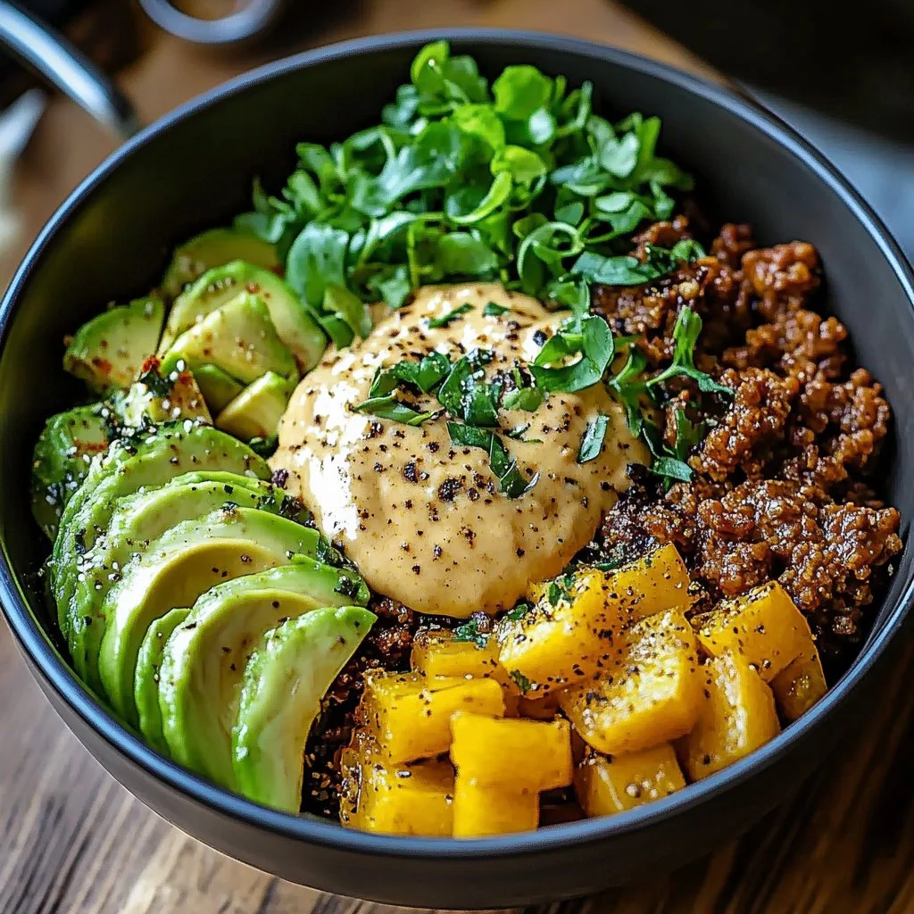 Delicious and healthy Burger Bowls topped with fresh ingredients