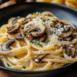 Plate of Caramelized Leek and Mushroom Gruyere Pasta garnished with herbs