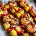 Grilled Caribbean Jerk Shrimp Skewers garnished with fresh herbs