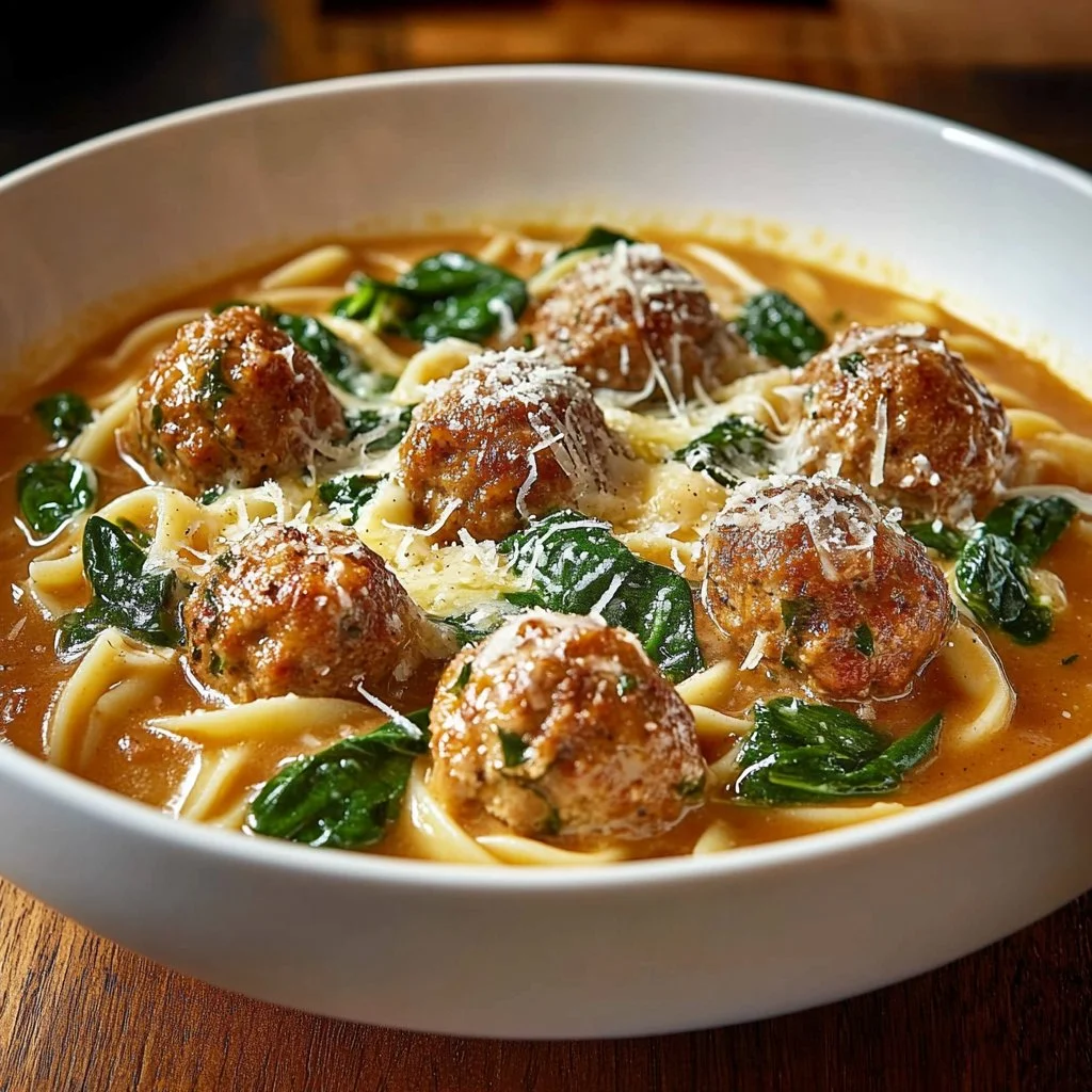 Bowl of creamy Italian meatball soup garnished with herbs for a cozy dinner.