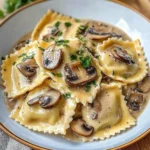 Cozy mushroom ravioli served with a rich sauce in a bowl
