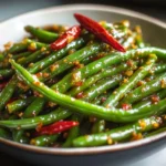 Plate of crack green beans garnished and ready to serve
