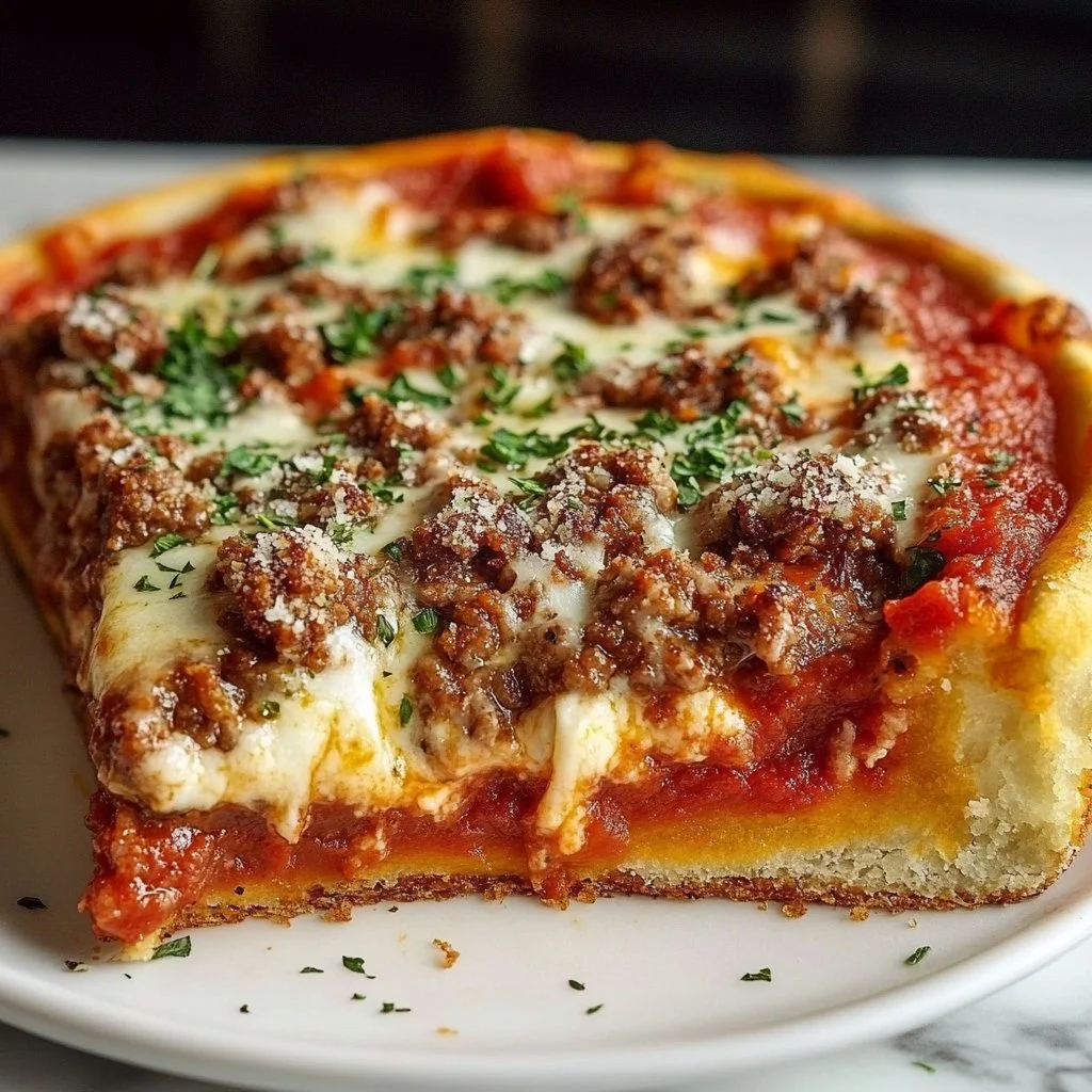 A delicious slice of Deep-Dish Pizza Pie topped with melted cheese and fresh ingredients