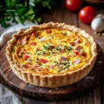 A delicious slice of easy breakfast quiche with eggs and vegetables