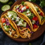 Delicious healthy crockpot chicken tacos served on a plate with toppings.