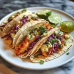 Delicious fish tacos with cilantro lime slaw ready to enjoy.