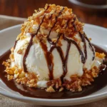 Delicious bowl of fried ice cream topped with chocolate sauce and nuts