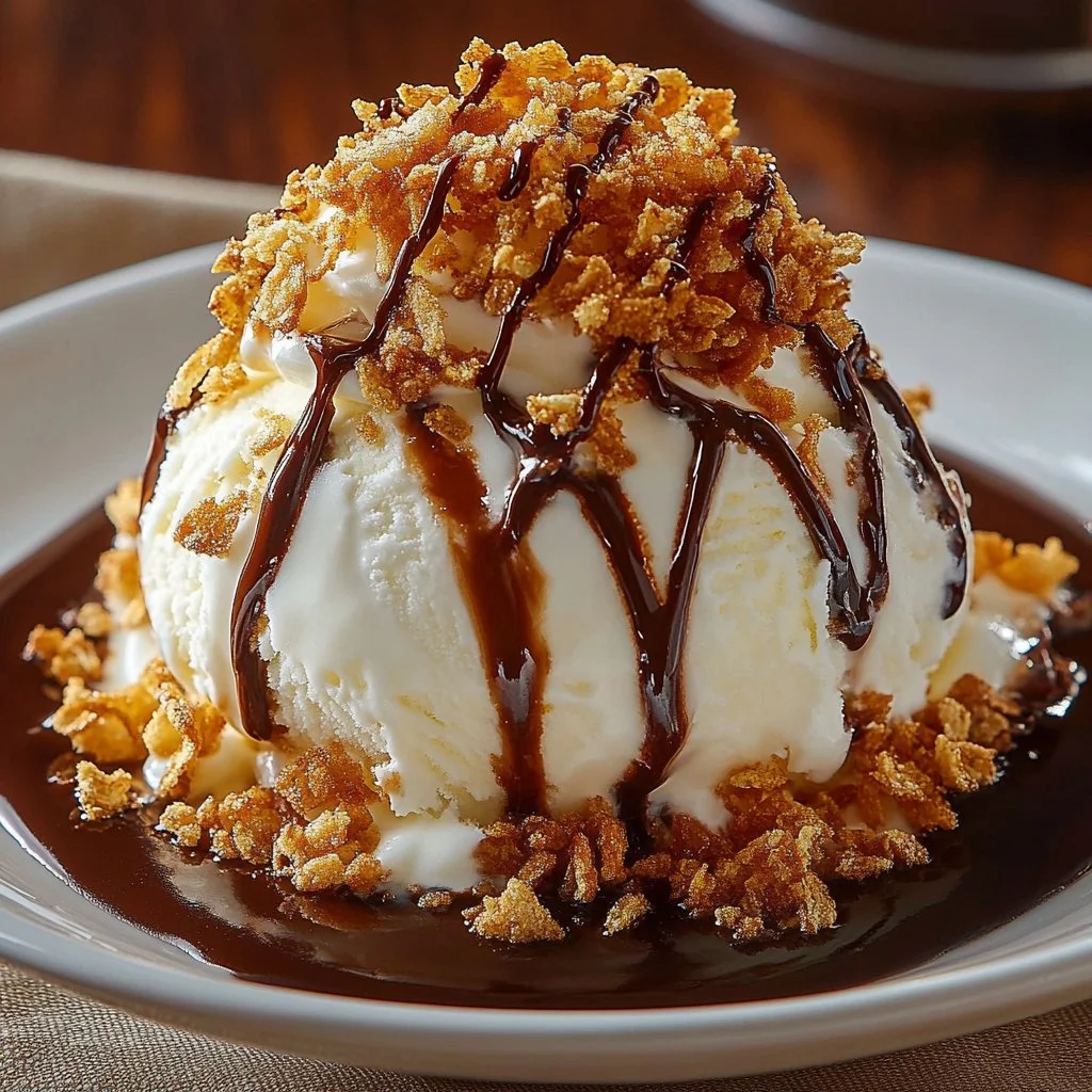 Delicious bowl of fried ice cream topped with chocolate sauce and nuts