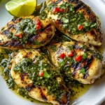 Grilled salsa verde chicken topped with pepper jack cheese on a plate