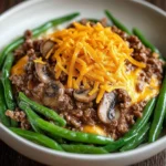 Delicious Hamburger Green Bean Casserole with Mushrooms served in a baking dish
