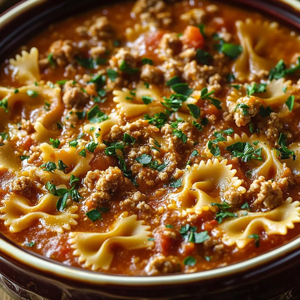 Bowl of hearty slow cooker lasagna soup ready to serve on a cozy night.