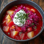 Bowl of hearty vegan borscht filled with colorful vegetables and herbs