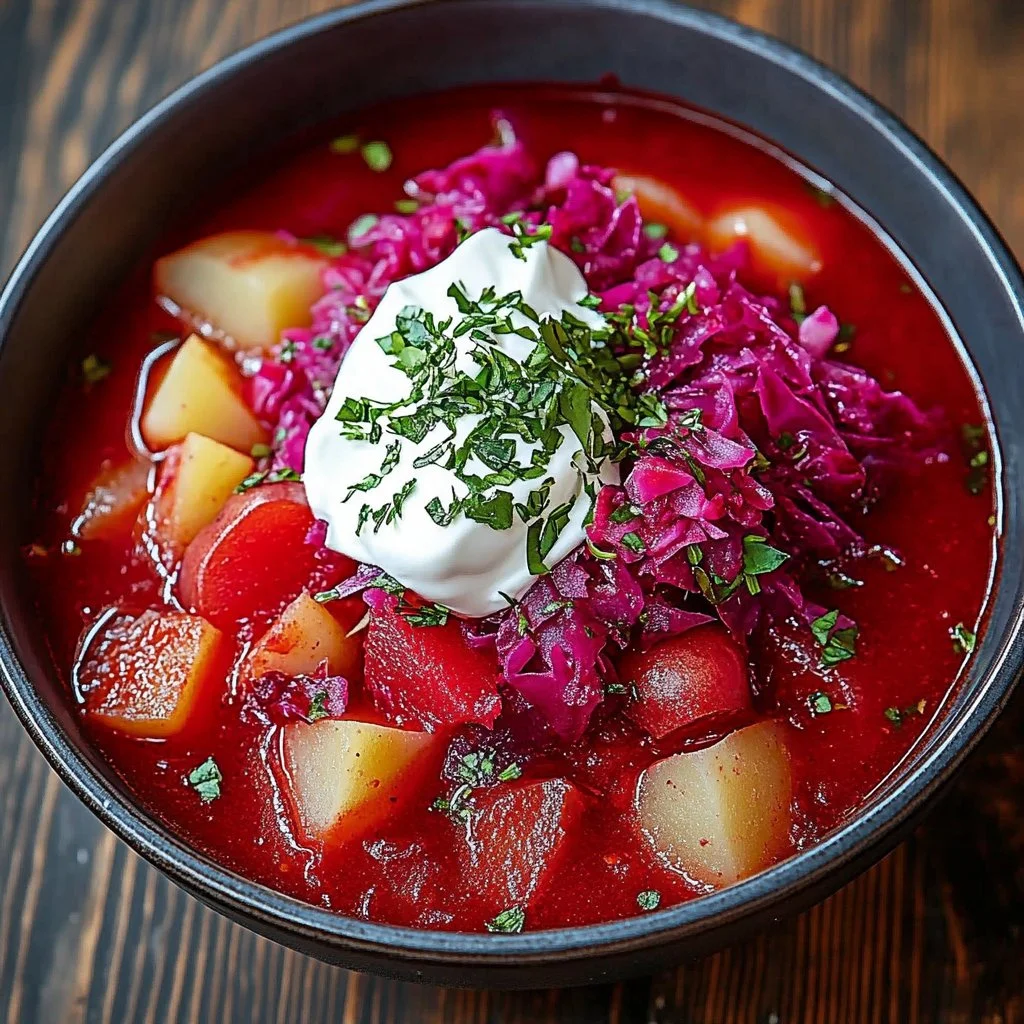 Bowl of hearty vegan borscht filled with colorful vegetables and herbs