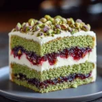 Heavenly Pistachio Raspberry Cake with fresh raspberries and pistachios on top