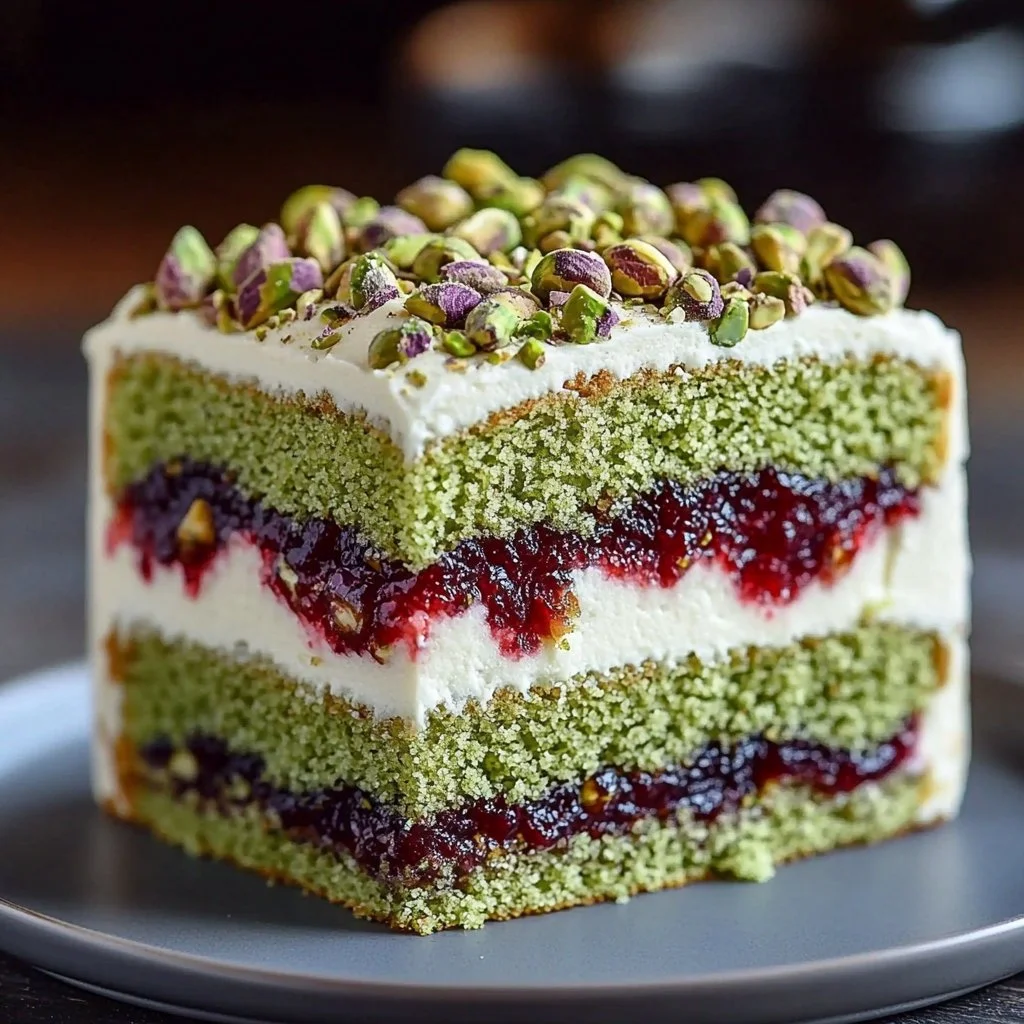 Heavenly Pistachio Raspberry Cake with fresh raspberries and pistachios on top