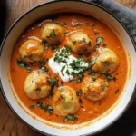 Delicious bowl of indulgent tomato gnocchi soup garnished with fresh herbs