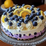 No-bake lemon blueberry cream cake with fresh blueberries and creamy topping