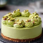 Delicious homemade pistachio cheesecake topped with crushed pistachios
