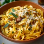 Delicious Pumpkin Alfredo Pasta topped with fresh herbs and parmesan cheese