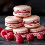 Raspberry Macarons showcasing vibrant pink shells and creamy filling.