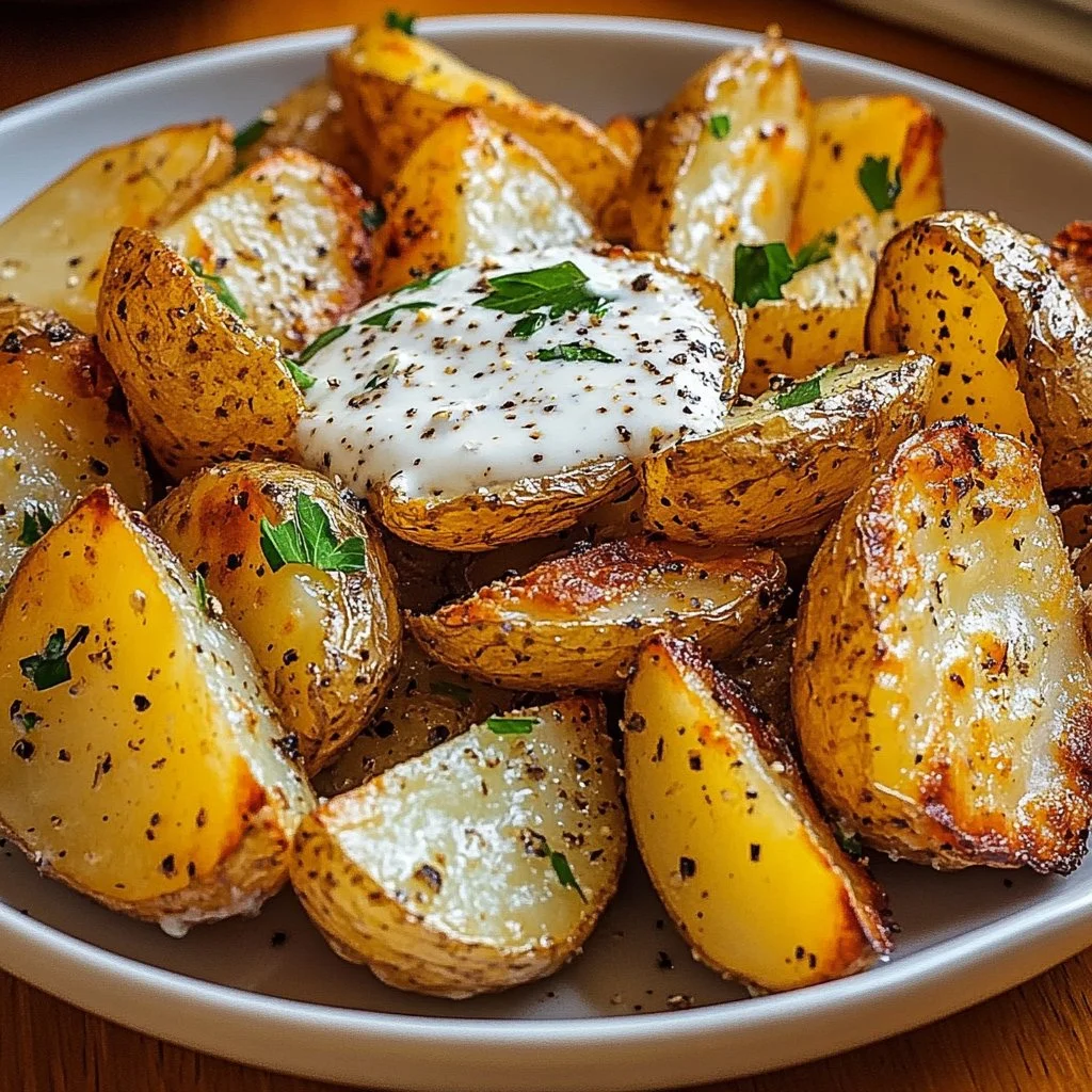 Roasted potatoes with melted goat cheese dressing on a plate