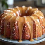 Delicious Salted Caramel Kentucky Butter Cake topped with caramel drizzle.