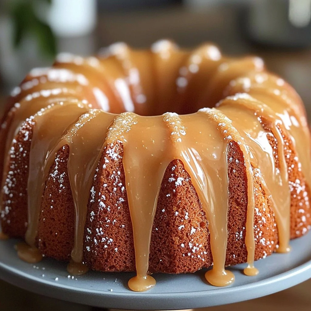 Delicious Salted Caramel Kentucky Butter Cake topped with caramel drizzle.