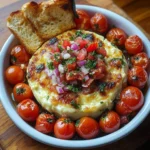 Savory baked bruschetta dip topped with fresh basil and creamy cheese.
