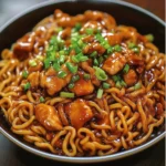 Plate of sticky garlic chicken noodles garnished with green onions