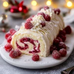 White Chocolate Raspberry Yule Log dessert with festive decorations