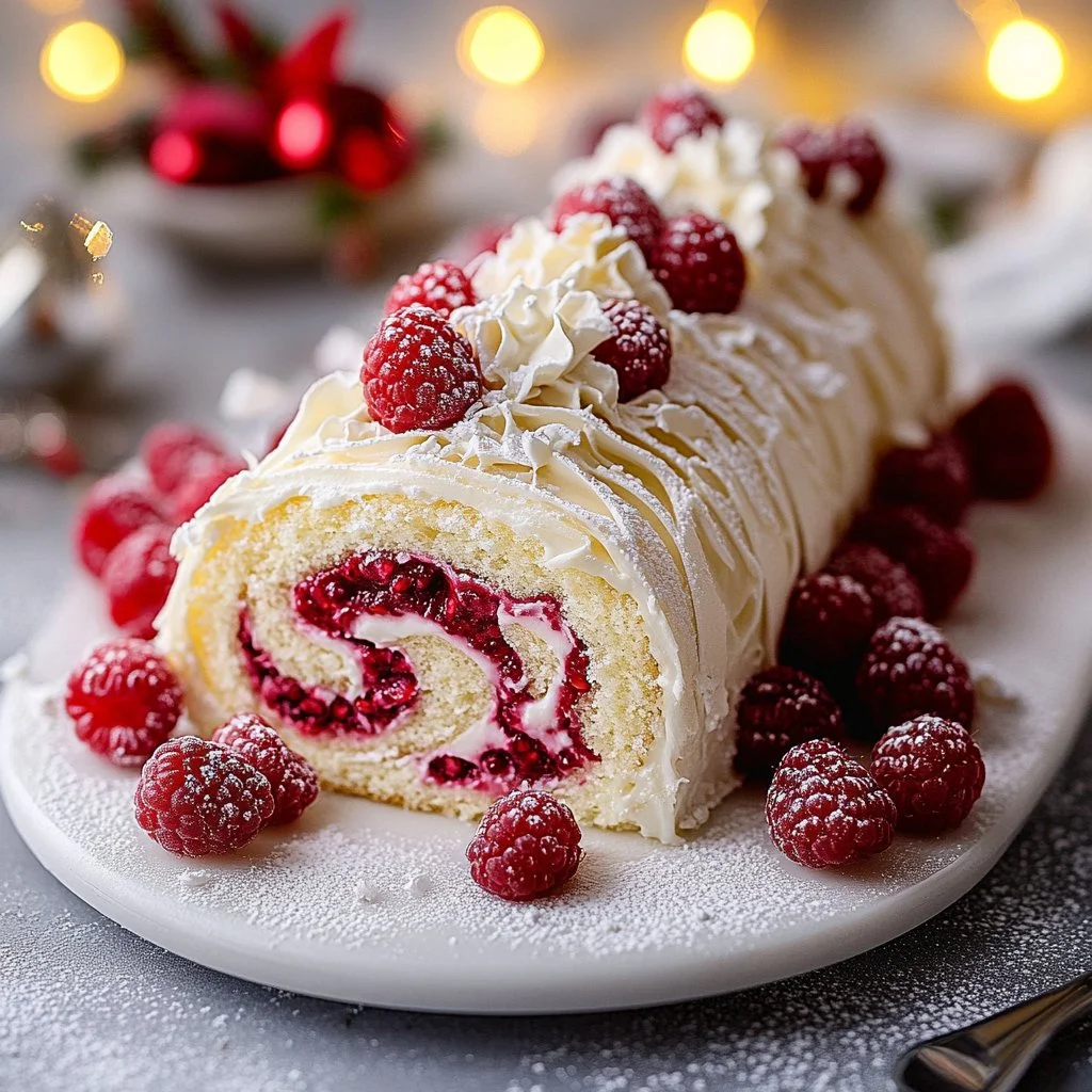 White Chocolate Raspberry Yule Log dessert with festive decorations